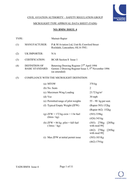 CIVIL AVIATION AUTHORITY – SAFETY REGULATION GROUP MICROLIGHT TYPE APPROVAL DATA SHEET (TADS) NO: BM54 ISSUE: 4 TADS BM54 Is