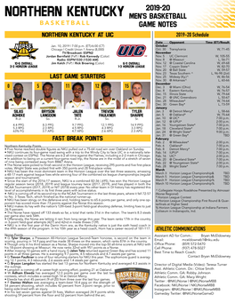 NORTHERN KENTUCKY Men’S Basketball BASKETBALL Game Notes Northern Kentucky at UIC 2019-20 Schedule