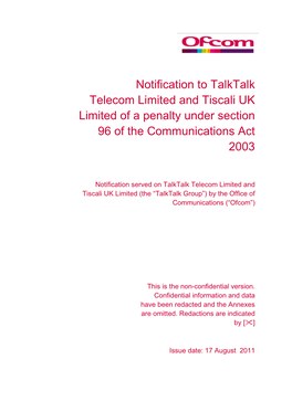 Notification to Talktalk Telecom Limited and Tiscali UK Limited of a Penalty Under Section 96 of the Communications Act 2003