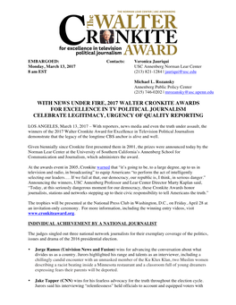 With News Under Fire, 2017 Walter Cronkite Awards for Excellence in Tv Political Journalism Celebrate Legitimacy, Urgency of Quality Reporting