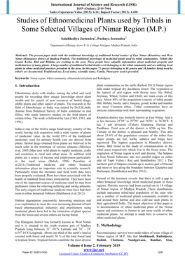 Studies of Ethnomedicinal Plants Used by Tribals in Some Selected Villages of Nimar Region (M.P.)