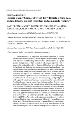 Sonoma County Complex Fires of 2017: Remote Sensing Data and Modeling to Support Ecosystem and Community Resiliency