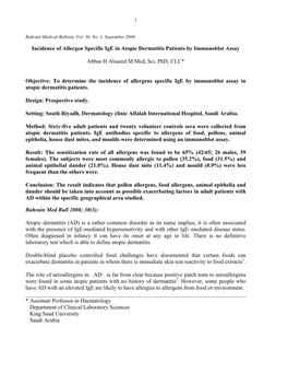 Incidence of Allergen Specific Ige in Atopic Dermatitis Patients by Immunoblot Assay