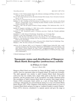 Taxonomic Status and Distribution of Mangrove Black Hawk Buteogallus (Anthracinus) Subtilis by William S