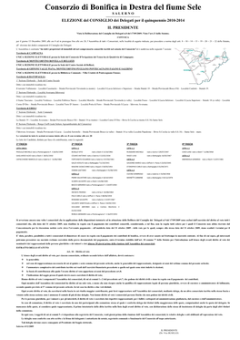 Consorzio Di Bonifica in Destra Del Fiume Sele S a L E R N O ------ELEZIONE Del CONSIGLIO Dei Delegati Per Il Quinquennio 2010-2014