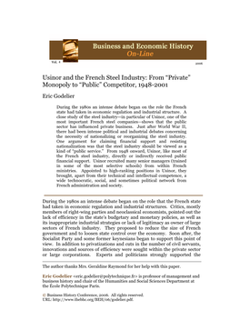 Usinor and the French Steel Industry: from “Private” Monopoly to “Public” Competitor, 1948-2001