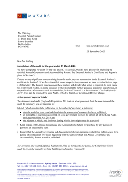 Mr J Stirling Clophill Parish Council 31 Plum Tree Road Lower Stondon Bedfordshire SG16 6NE 25 September 2020 Dear Mr Stirling W