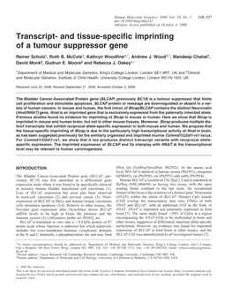 And Tissue-Specific Imprinting of a Tumour Suppressor Gene