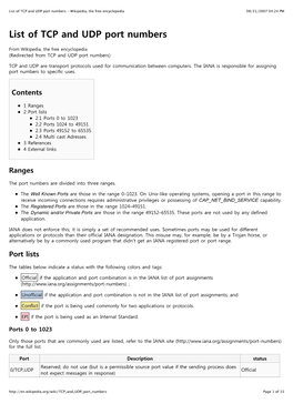 List of TCP and UDP Port Numbers - Wikipedia, the Free Encyclopedia 08/31/2007 04:24 PM