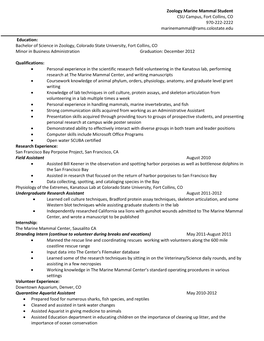 Zoology Marine Mammal Student CSU Campus, Fort Collins, CO 970-222-2222 Marinemammal@Rams.Colostate.Edu