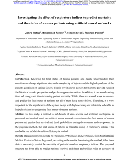 Investigating the Effect of Respiratory Indices to Predict Mortality and the Status of Trauma Patients Using Artificial Neural Networks