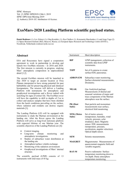 Exomars-2020 Landing Platform Scientific Payload Status