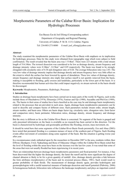 Morphometric Parameters of the Calabar River Basin: Implication for Hydrologic Processes