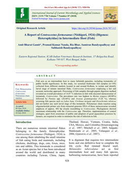 A Report of Centrocestus Formosanus (Nishigori, 1924) (Digenea: Heterophyidae) in Intermediate Host (Fish)