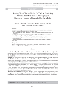 MTM) in Predicting Physical Activity Behavior Among Upper Elementary School Children in Northern India