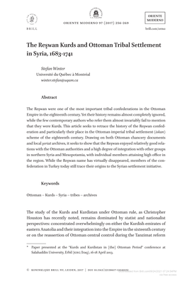 The Reşwan Kurds and Ottoman Tribal Settlement in Syria, 1683-1741