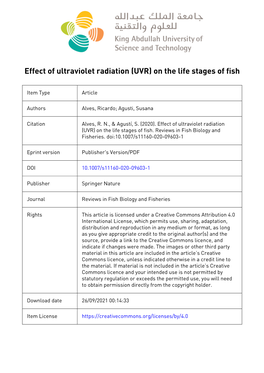 Effect of Ultraviolet Radiation (UVR) on the Life Stages of Fish