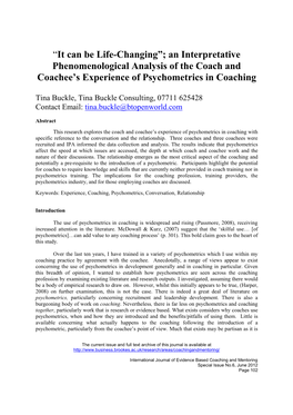 An Interpretative Phenomenological Analysis of the Coach and Coachee’S Experience of Psychometrics in Coaching