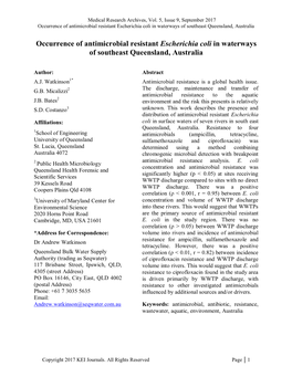 Occurrence of Antimicrobial Resistant Escherichia Coli in Waterways of Southeast Queensland, Australia