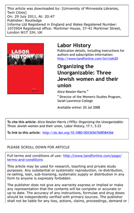 Organizing the Unorganizable: Three Jewish Women and Their Union