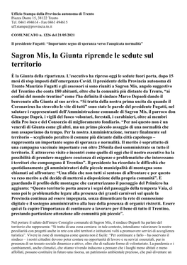 Sagron Mis, La Giunta Riprende Le Sedute Sul Territorio