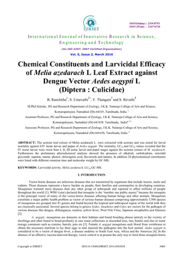 Chemical Constituents and Larvicidal Efficacy of Melia Azedarach L Leaf Extract Against Dengue Vector Aedes Aegypti L (Diptera : Culicidae) 3 4 B