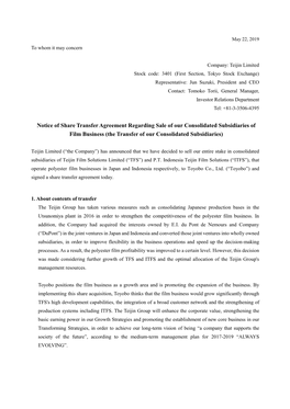 Notice of Share Transfer Agreement Regarding Sale of Our Consolidated Subsidiaries of Film Business (The Transfer of Our Consolidated Subsidiaries)