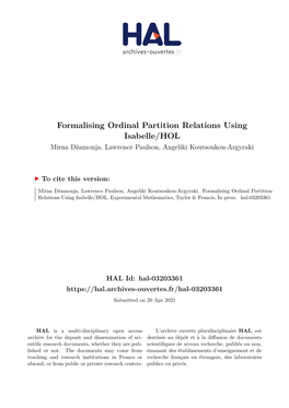 Formalising Ordinal Partition Relations Using Isabelle/HOL Mirna Džamonja, Lawrence Paulson, Angeliki Koutsoukou-Argyraki