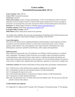 Course Outline Terrestrial Ecosystems BIOL 399 AC