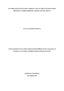 Factors Influencing the Catholic Laity in the Evangelization Process in Njoro Parish of Nakuru County, Kenya