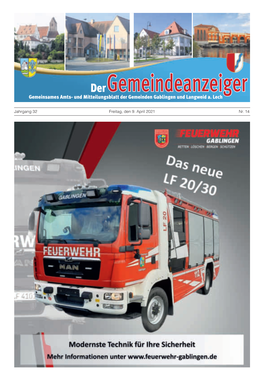 Jahrgang 32 Freitag, Den 9. April 2021 Nr. 14 Gemeindeanzeiger - 2 - Nr