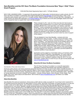 Sara Bareilles and the VH1 Save the Music Foundation Announce New 