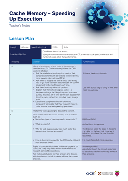 Cache Memory – Speeding up Execution Teacher’S Notes