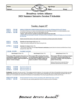 Broadway Artists Alliance 2021 Summer Intensive Session 5 Schedule