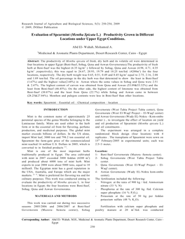 Evaluation of Spearmint (Mentha Spicata L.) Productivity Grown in Different Locations Under Upper Egypt Conditions