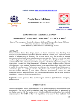 Costus Speciosus (Keukand): a Review