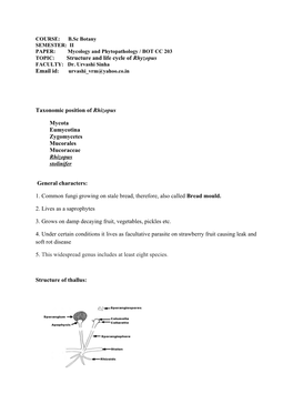 Structure and Life Cycle of Rhyzopus Taxonomic Position of Rhizopus Mycota Eumycotina Zygomycetes Mucorales Mucoraceae Rhizopus