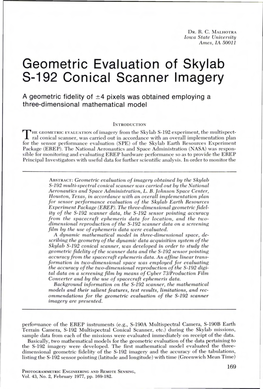 Geometric Evaluation of Skylab S-192 Conical Scanner Imagery