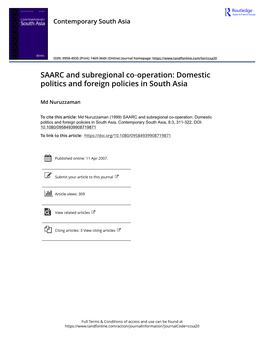 SAARC and Subregional Co‐Operation: Domestic Politics and Foreign Policies in South Asia