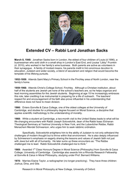 Extended CV – Rabbi Lord Jonathan Sacks