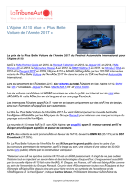 L'alpine A110 Élue « Plus Belle Voiture De L'année