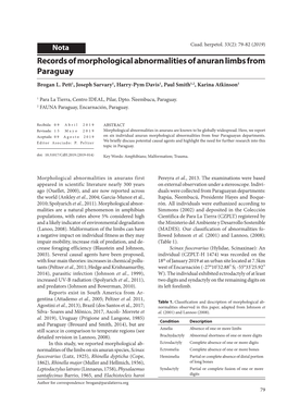 Records of Morphological Abnormalities of Anuran Limbs from Paraguay