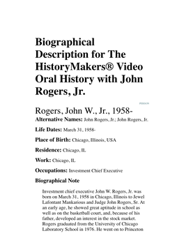 Biographical Description for the Historymakers® Video Oral History with John Rogers, Jr