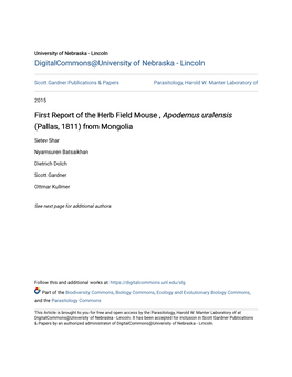 First Report of the Herb Field Mouse , <I>Apodemus Uralensis</I> (Pallas