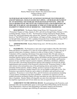 1- “Half a G for Me” $500 Giveaway Beasley Media Group's Winter 2021 Nationwide Contest (January/February 2021) OFFICIAL