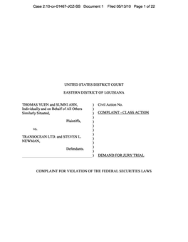 Thomas Yuen , Et Al. V. Transocean Ltd., Et Al. 10-CV-01467