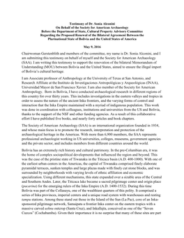 Chairwoman Gerstenblith and Members of the Committee, My Name Is Dr. Sonia Alconini, and I Am Submitting This Testimony on Behal