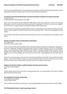 Books on Individuals and Families Associated with Great Ayton Ian Pearce April 2012 the Annals of the Cleveland Richardsons