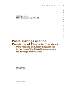 Postal Savings and the Provision of Financial Services: Policy Issues and Asian Experiences in the Use of the Postal Infrastructure for Savings Mobilization