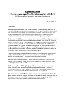 Urgent Statement Shame on You Japan! Coal Is Not Compatible with 1.5C JBIC Disbursed Loan to Massive Coal Project in Indonesia